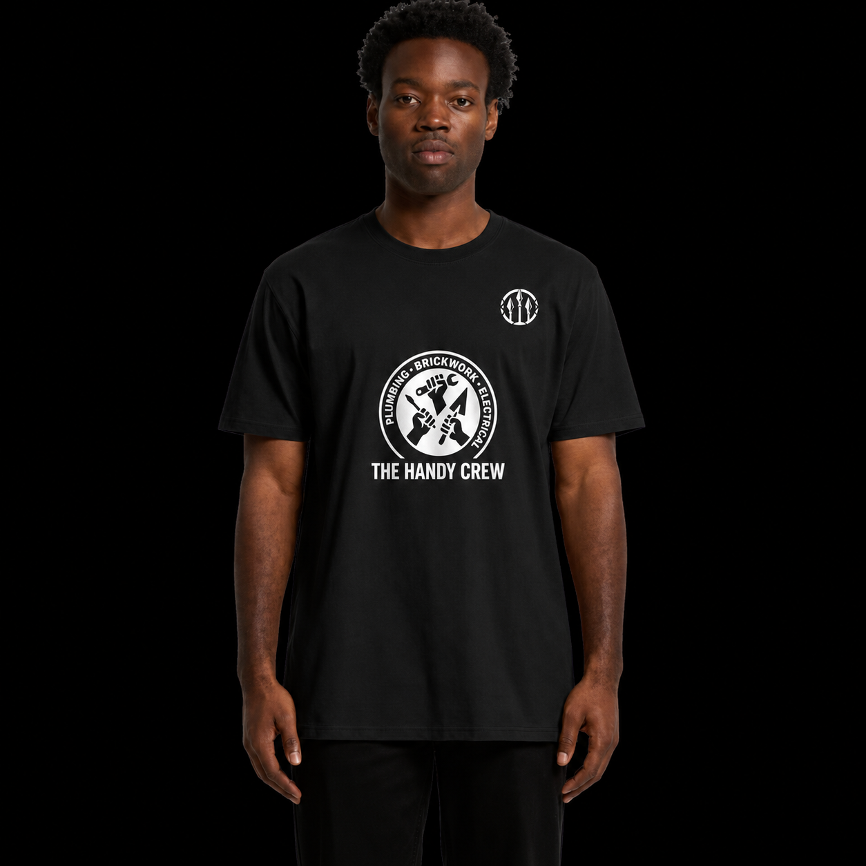 Black branded t-shirt with printed crew logo