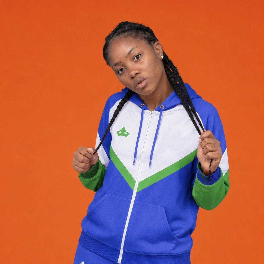 Model wearing a custom sublimated tracksuit hoodie